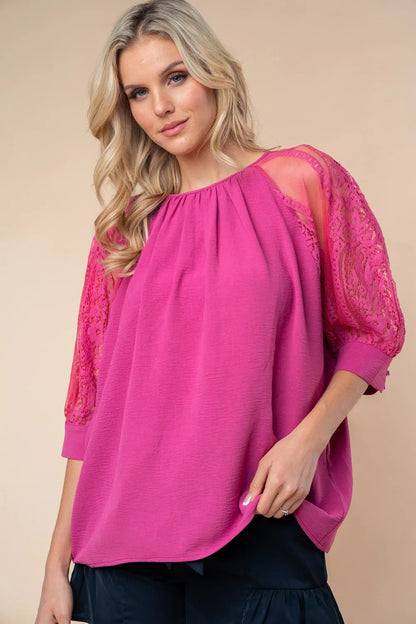 White Birch Round Neck Lace Half Sleeve Blouse - Farnelli