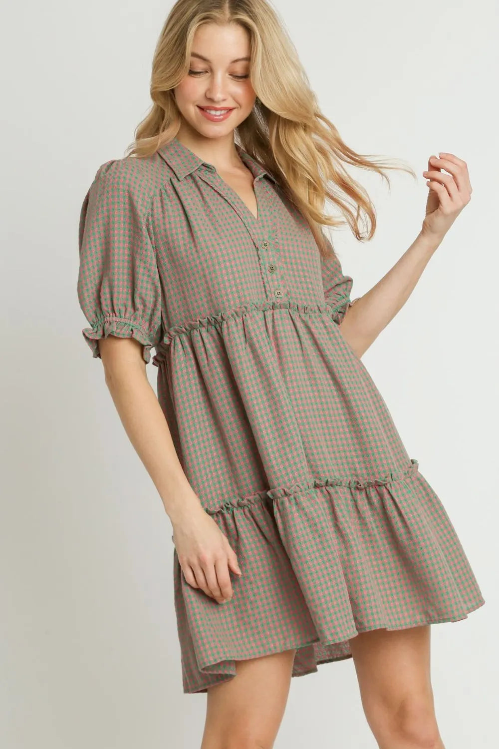 Umgee Full Size Plaid Frill Button Detail Ruffled Short Sleeve Dress Plus Size - Farnelli