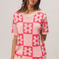 BiBi Flower Checker Pattern Short Sleeve Sweater - Farnelli