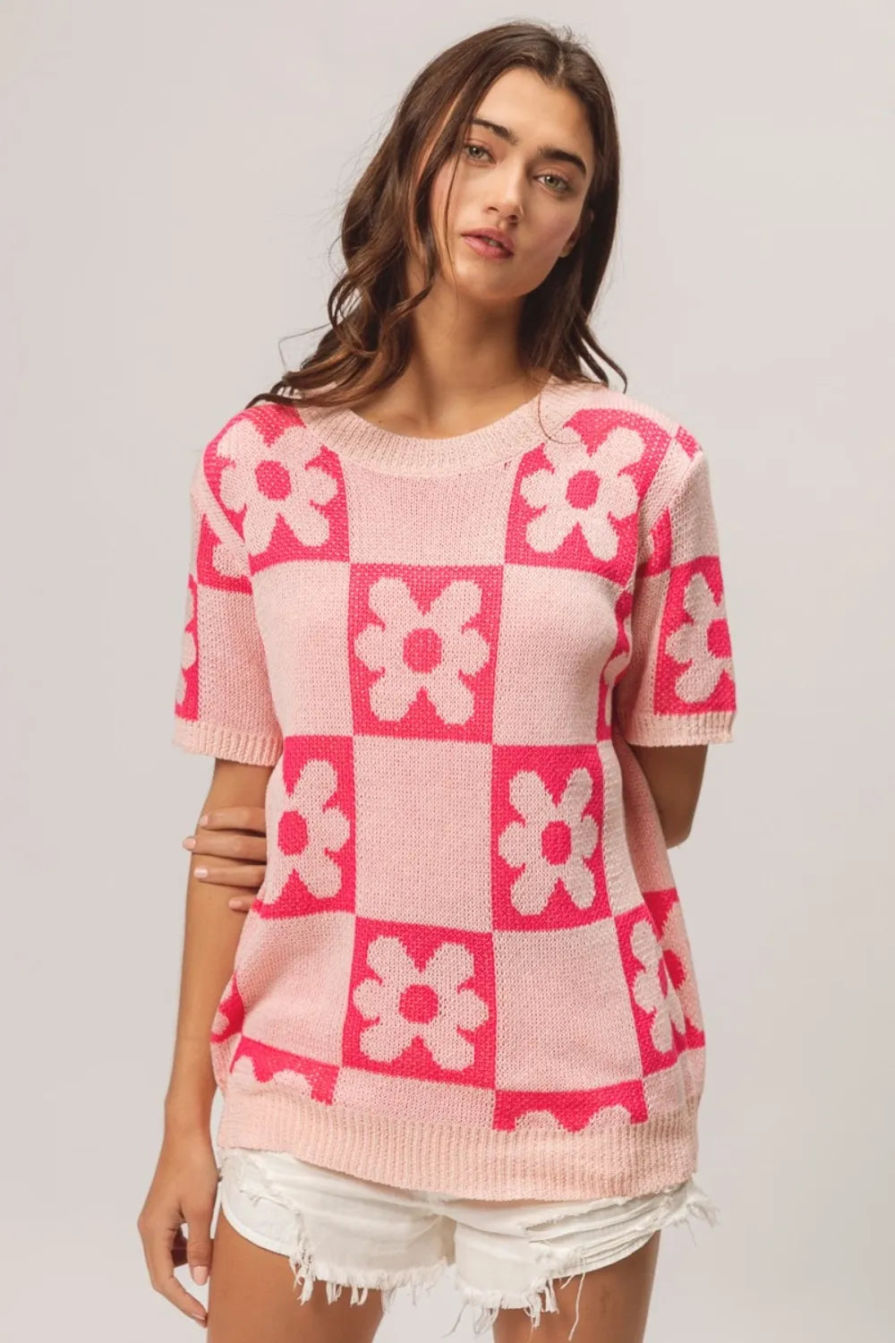 BiBi Flower Checker Pattern Short Sleeve Sweater - Farnelli