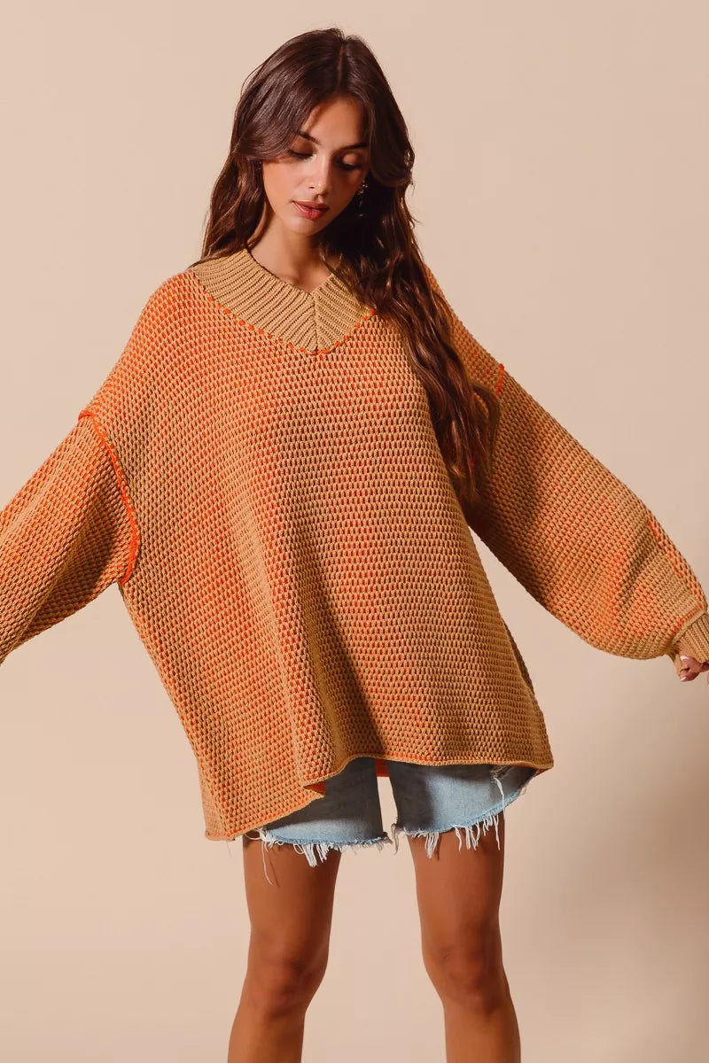 SO ME Oversized Two Tone Textured V Neck Sweater - Farnelli