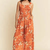 Davi & Dani Floral Ruffle Square Neck Smocking Bodice Jumpsuit - Orange
