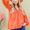 And The Why Swiss Dot V Neck Balloon Sleeve Woven Blouse - Rust