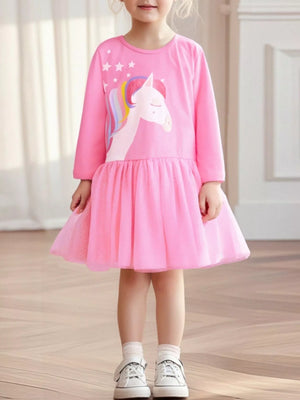 Children's Unicorn Print Long Sleeve Tulle Dress - Farnelli