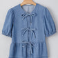 Hope Tied Front Bubble Sleeve Peplum Denim Shirt - Farnelli