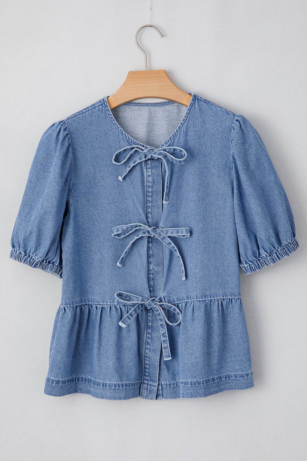 Hope Tied Front Bubble Sleeve Peplum Denim Shirt - Farnelli