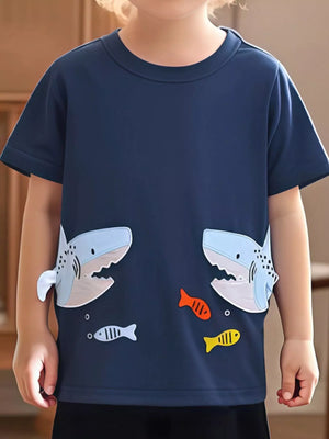 Children's Shark Graphic Crew Neck Short Sleeve T-Shirt - Farnelli
