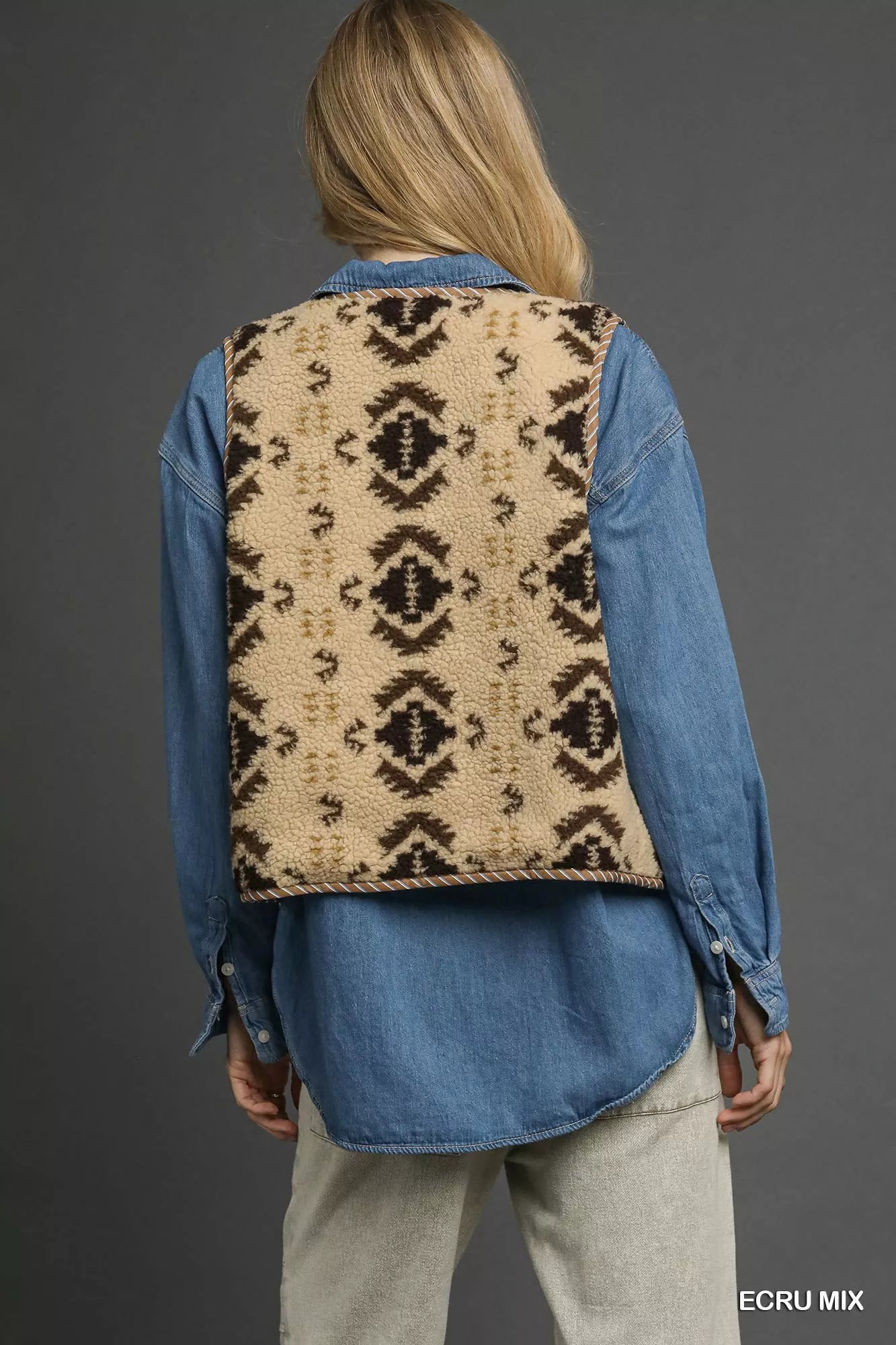 Umgee Mix Patterned Sherpa Tie-Front Vest - Farnelli
