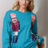 Double Take Full Size Nutcracker Sequin Long Sleeve Sweater - Cerulean