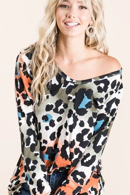 BiBi Gradation Leopard Print Soft Knit Deep U Neck Top - Farnelli