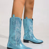 Embroidered Block Heels Boots - Peacock Blue
