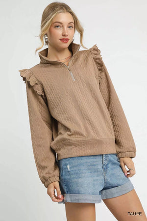 Umgee Cable Knit Textured Pullover with Ruffle Shoulders - Farnelli