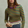 SO ME Mardi Gras Striped Cropped Knit Top with Crochet Edge - PURP/GOLD/GRN/OAT