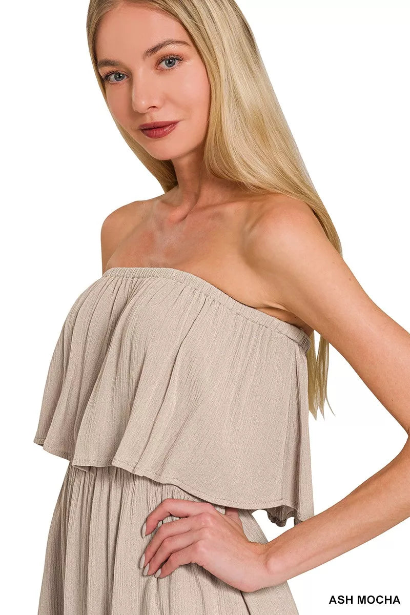 Zenana Woven Crinkle Strapless Maxi Dress - Farnelli