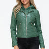 Snobbish Faux Leather Zip Up Drawstring Hooded Jacket - Sage