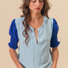 BiBi Air Flow Color Block Puff Sleeves V Neck Top - LT.BLUE/ROYAL