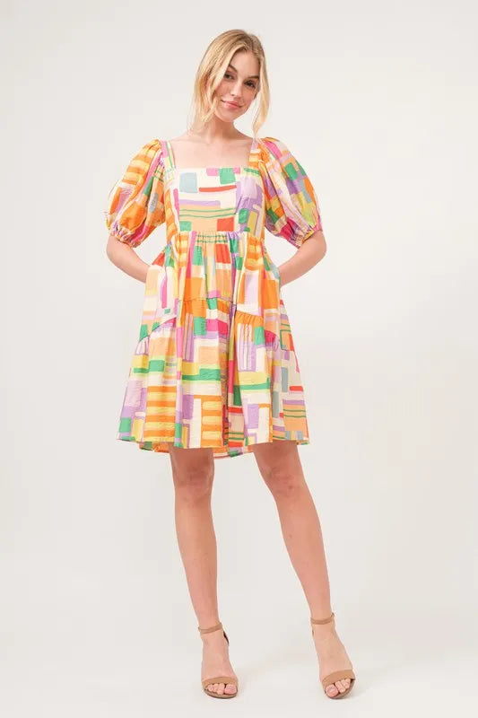 And The Why Square Neck Puff Sleeve Geo Printed Mini Dress - Farnelli