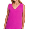Zenana Double Gauze Raw Edge V-Neck Tank - NEON HOT PINK
