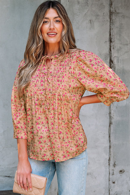Sadie Floral Bow Pin-tuck Bust Half Puff Sleeve Blouse - Farnelli