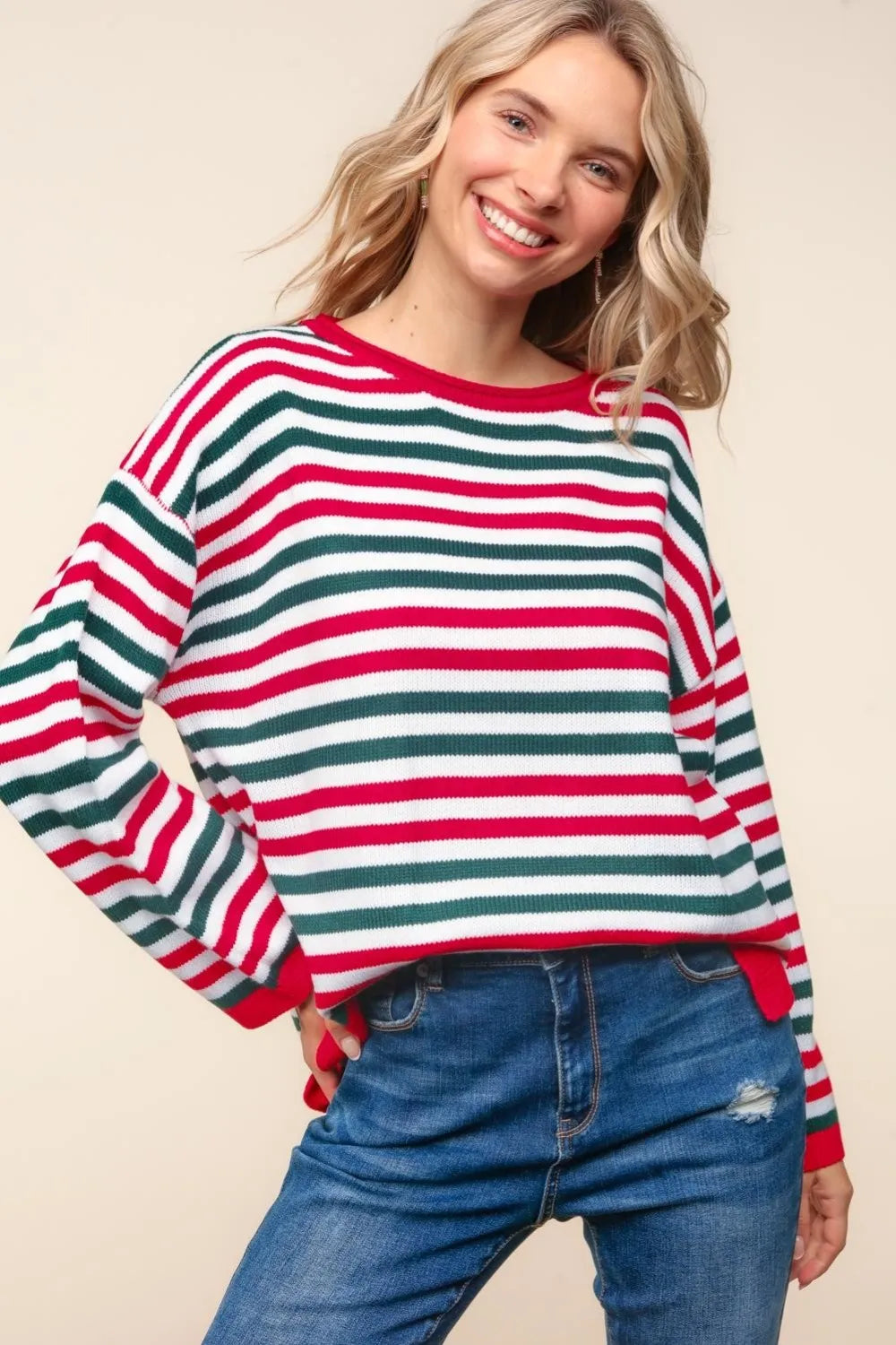 Haptics Full Size Striped Contrast Side Slit Knit Top - Farnelli