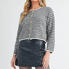 Aemi + Co Striped Button Down Round Neck Cardigan - Black