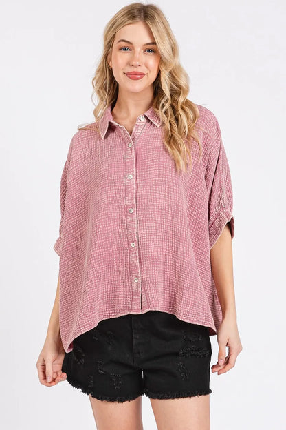 Mittoshop Mineral Wash Gauze Dolman Sleeve Button Down Shirt - Farnelli