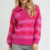 Umgee Floral Patterned Jacquard Quarter-Zip Pullover Sweater - HOT PINK