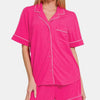 Zenana Button Down Short Sleeve Top and Shorts Lounge Set - Hot Pink