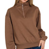 Zenana Scuba Half Zip Pullover Sweatshirt - BROWN