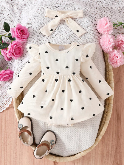 Children's Heart Print Ruffle Trim Bodysuit Dress with Headband - Farnelli