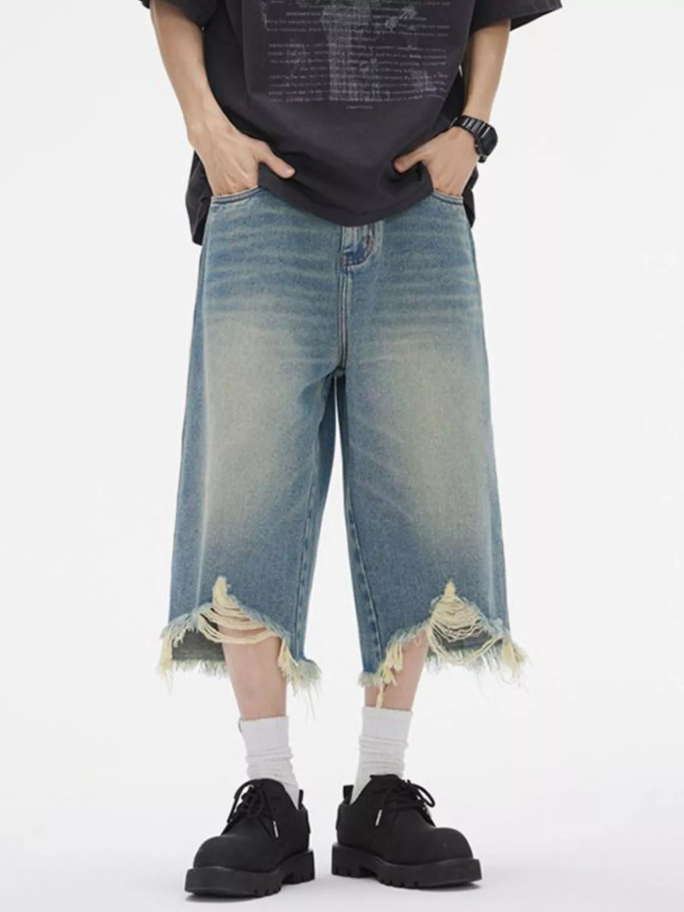 Men's Distressed Wide Leg Denim Shorts - Farnelli