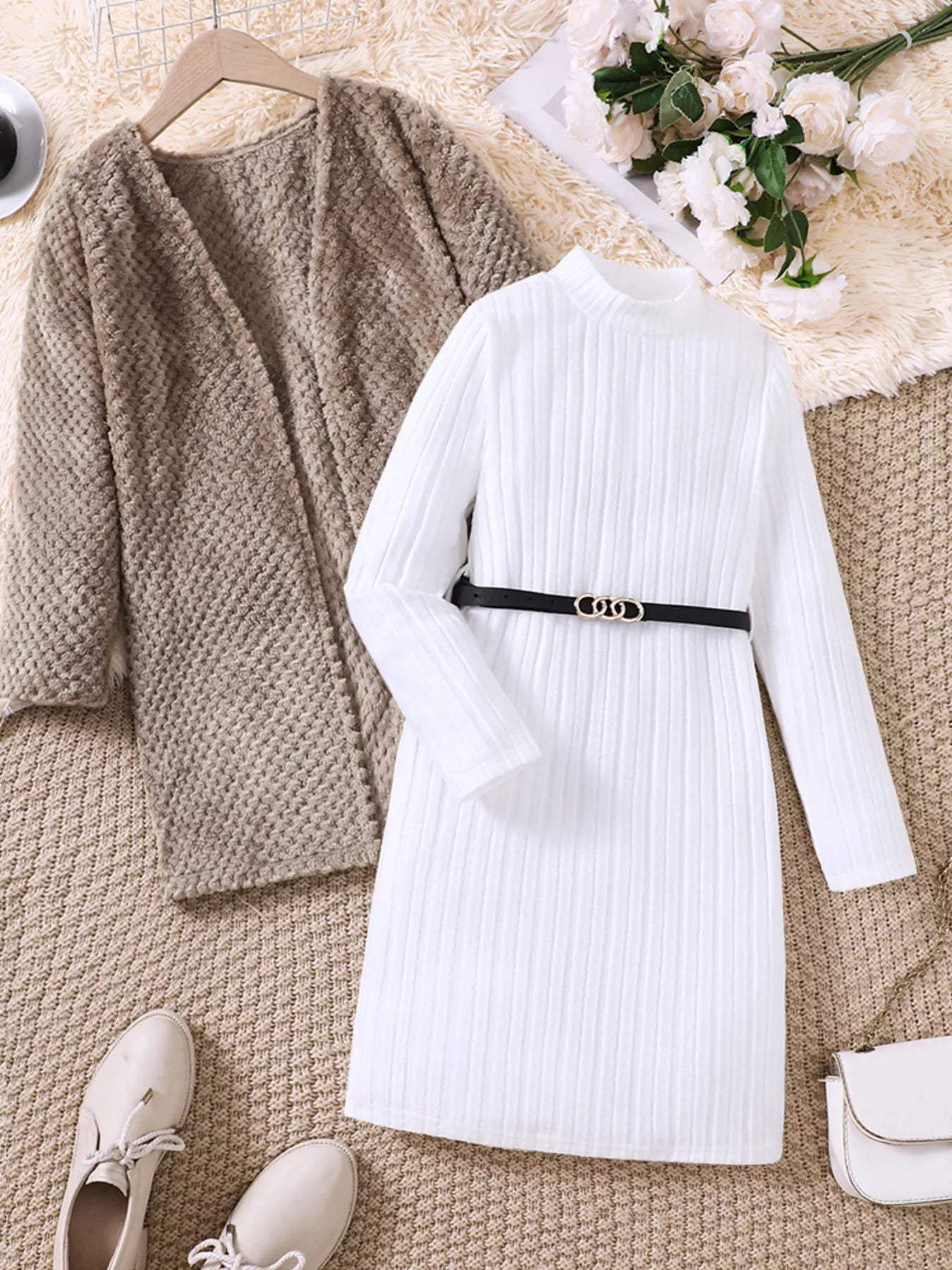 Children's Textured Sweater Dress and Open Front Cardigan Set - Farnelli