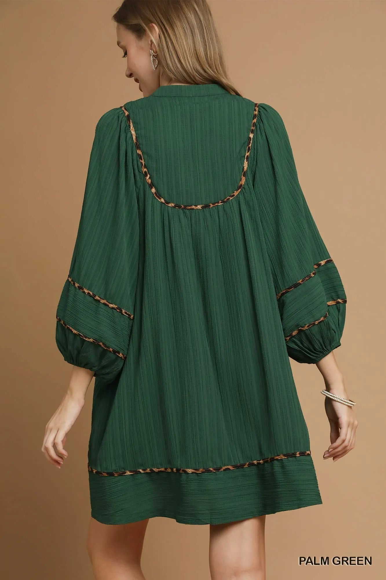 Umgee Textured Babydoll Dress with Leopard Trim - Farnelli