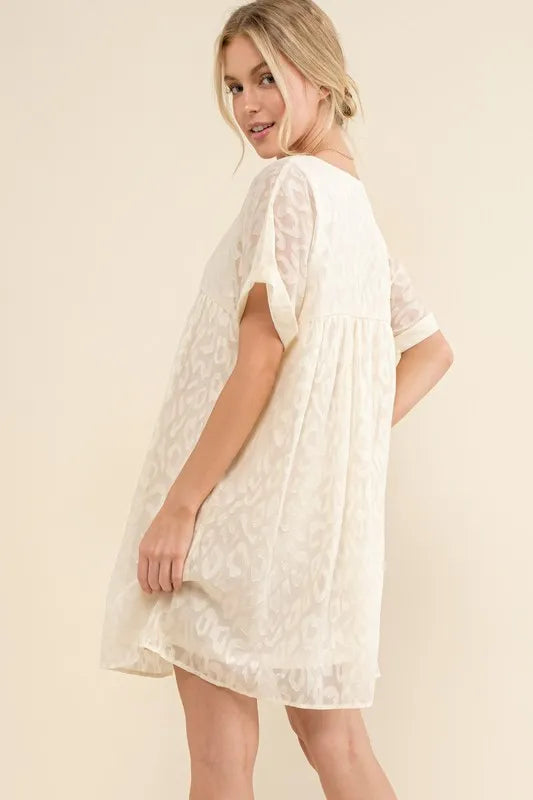 And The Why Woven Leopard Baby Doll Roll-Sleeve Casual Dress - Farnelli