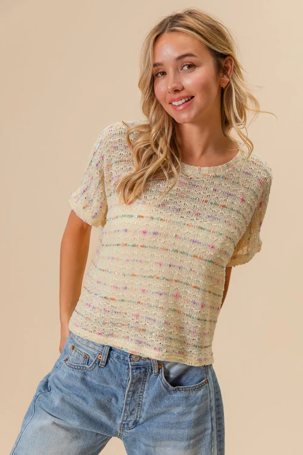 BiBi Striped Popcorn Knit Top - Farnelli