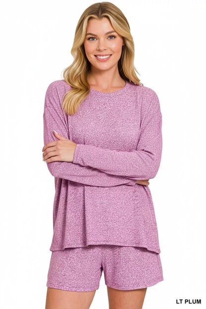 Zenana Soft Melange Long Sleeve Tee and Shorts Set - Farnelli
