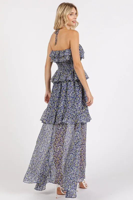 Mittoshop Ruffled Smocked Floral Halter Neck Maxi Dress - Farnelli