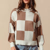 SO ME Ribbed Color Block Checkered Plaid Sweater - COFFEE/IVORY