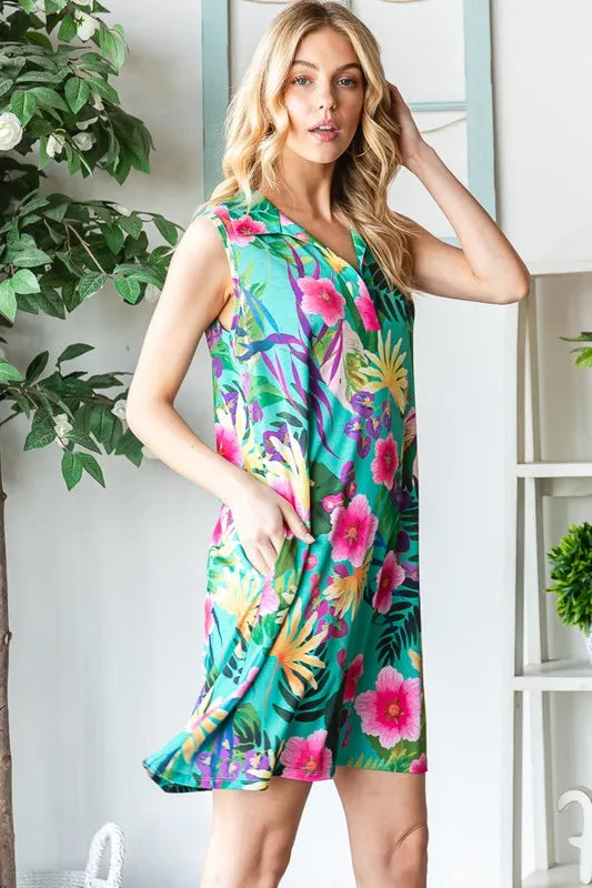 Heimish Full Size Floral Johnny Collar Sleeveless Dress Plus Size - Farnelli