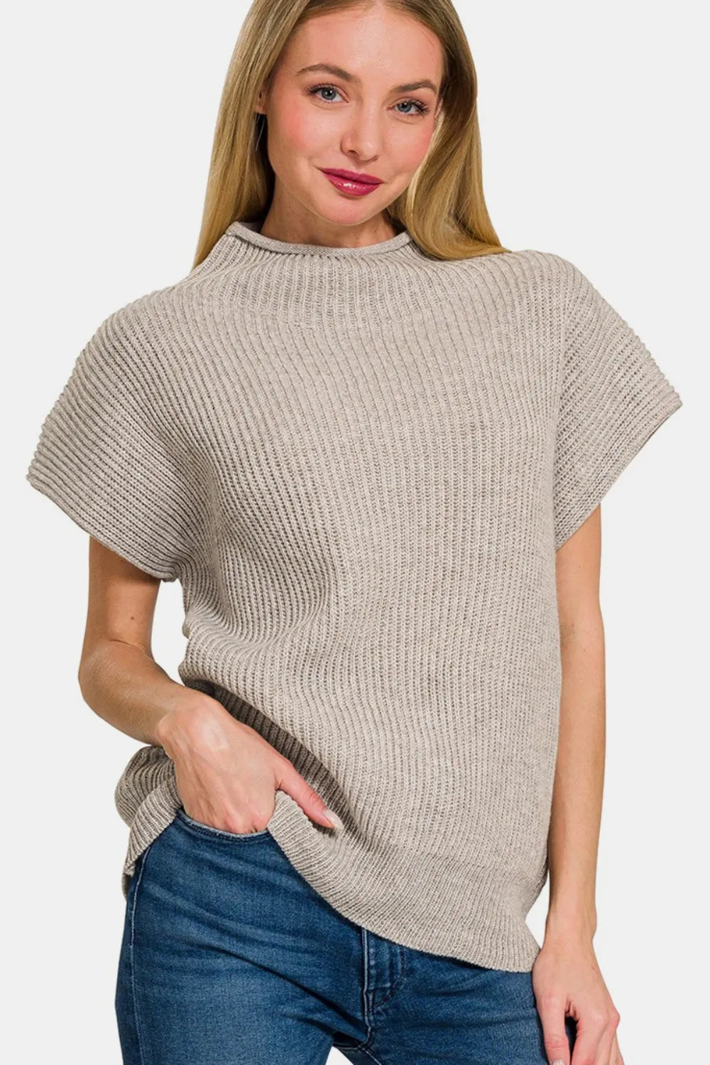 Zenana Short Sleeve Mock Neck Sweater - Farnelli