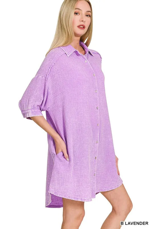 Zenana Washed Double Gauze Button Down Shirt Dress - Farnelli