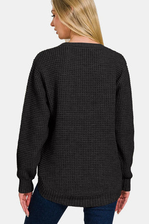 Zenana High Low Long Sleeve Waffle Sweater - Farnelli
