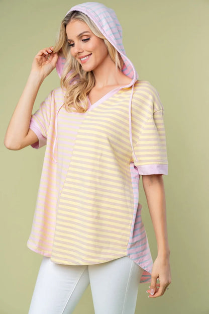 White Birch Full Size Striped Short Sleeve Drawstring Hooded Top - Farnelli