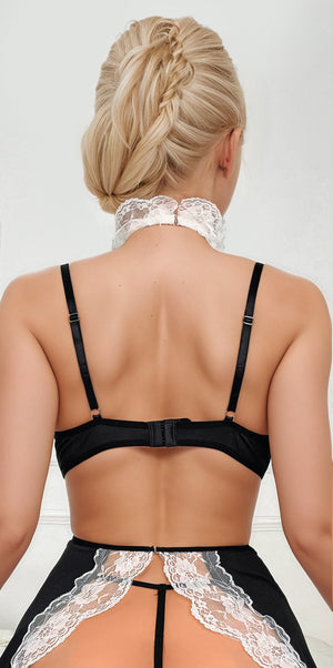 French maid apron babydoll lingerie from 3wishes.com, featuring black satin and lace detailing with adjustable straps.