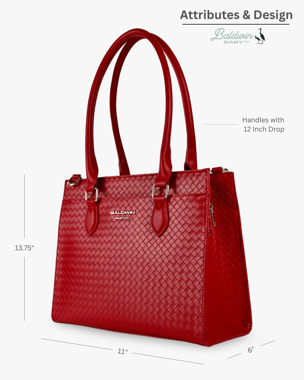 Baldwin Baby Company Montrose Cardinal diaper bag tote, angled view