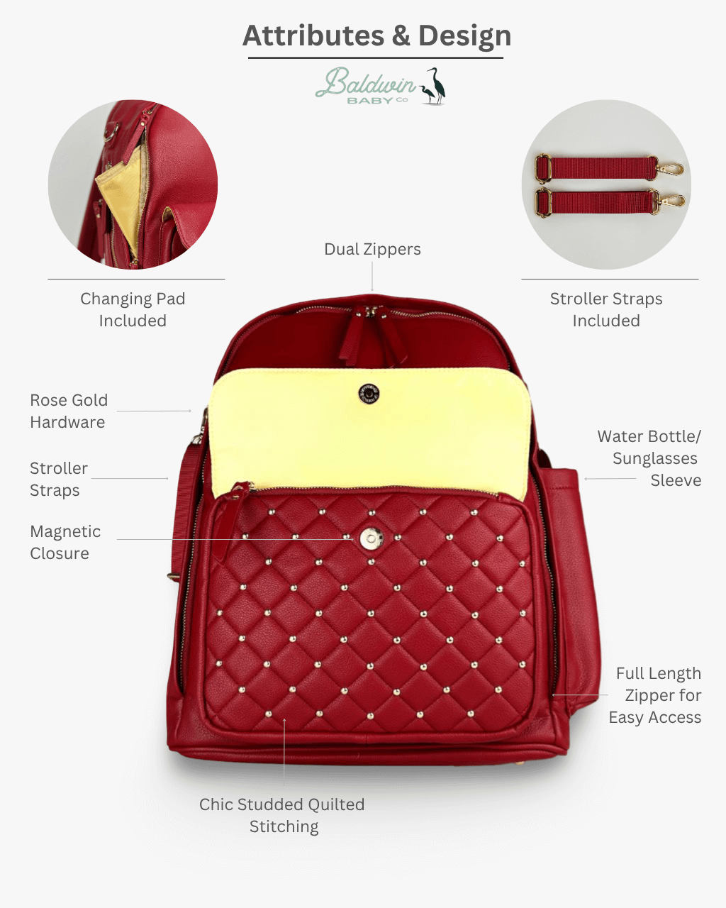 Baldwin Baby Company Daphne diaper bag in crimson, front view showcasing multiple pockets and compartments
