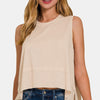 Zenana Exposed Seam Slit Round Neck Tank - Sand Beige