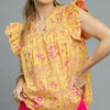 Umgee Printed Ruffle Cap Sleeve Blouse - Sherbet