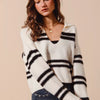 SO ME Fuzzy Hairy Stripe Deep U Neck Sweater - IVORY/BLACK