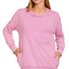 Zenana French Terry Washed Raw Edge Front Pocket Pullover - MAUVE